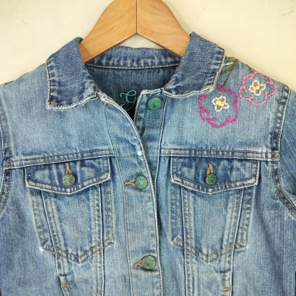 Gap Denim Jacket XL Girls Embroidered Floral Dragonfly Distressed